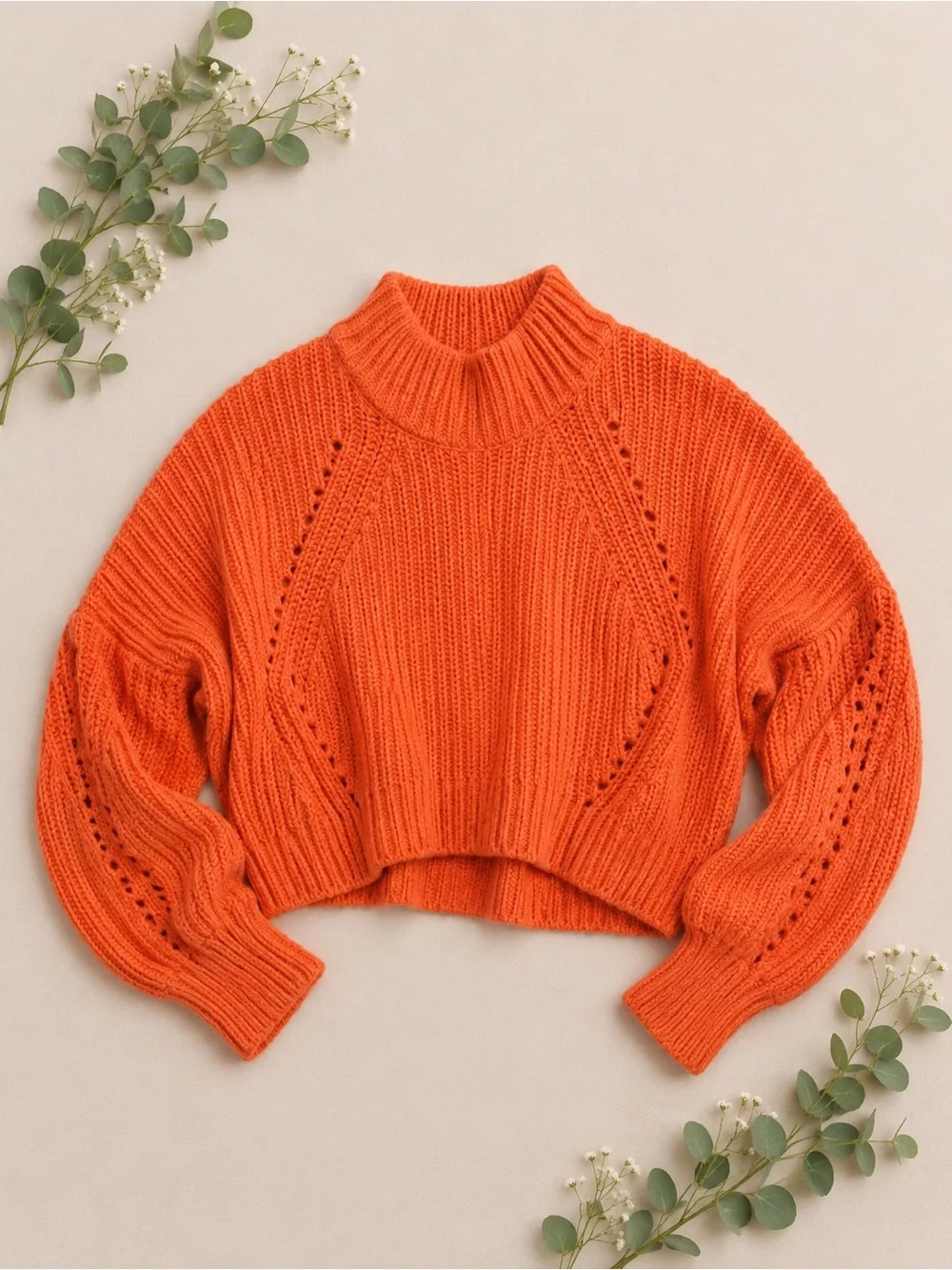 HYFVE Orange Chunky Knit Sweater Oversized Cropped Cozy Pullover M